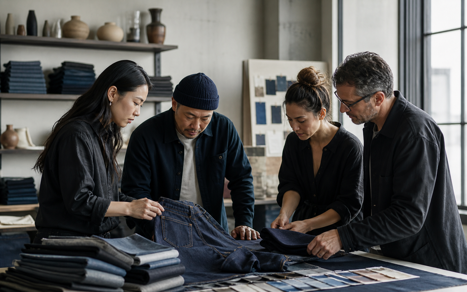 AYWA sourcing team reviewing denim garments and fabric samples