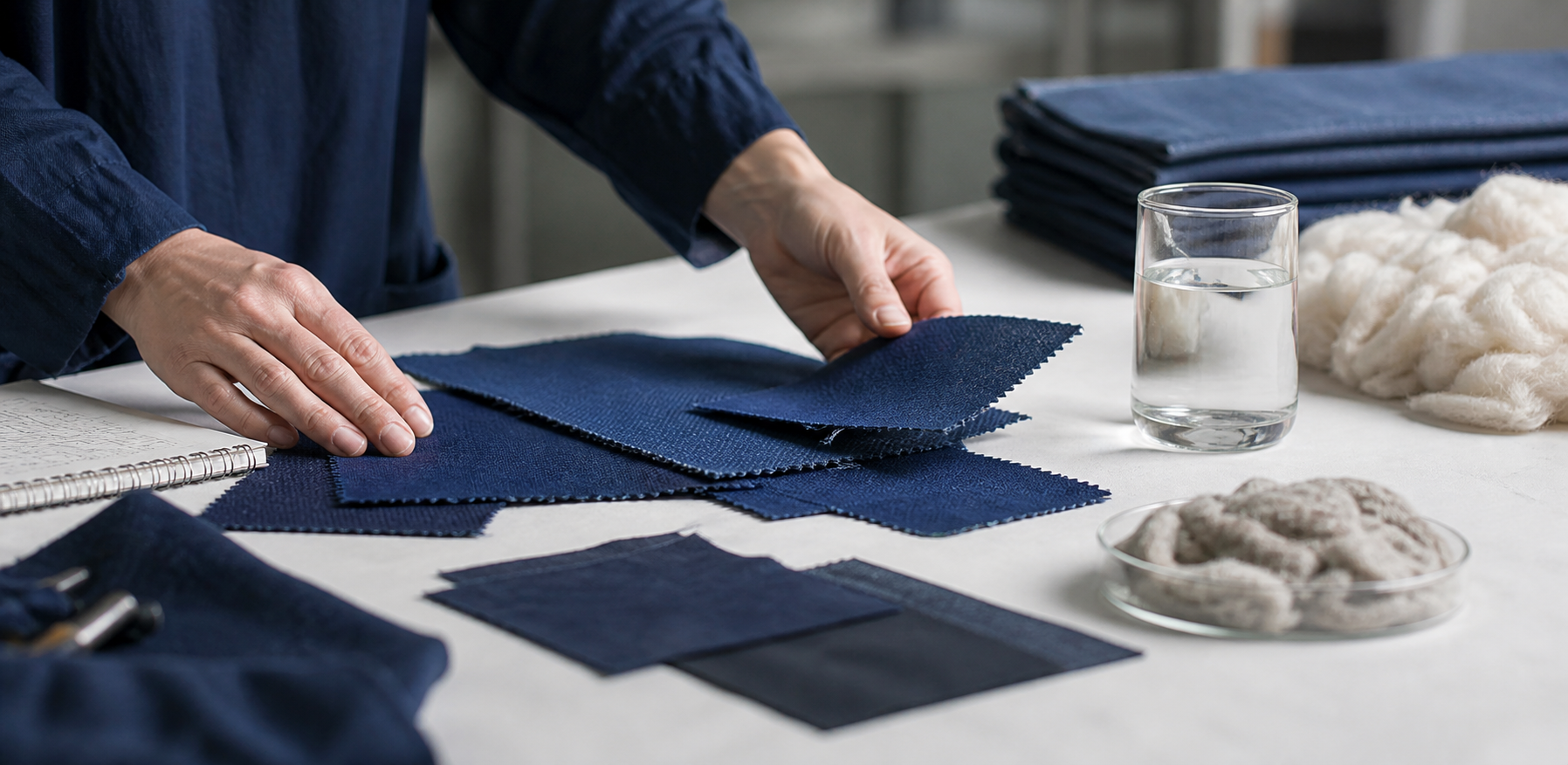 Textile specialist comparing responsible denim materials and water samples